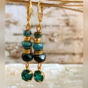 Green Emerald And  Green Glass in  Drop Down Gold Plated Earrings